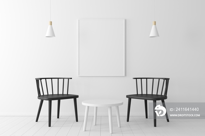 Minimal concept. interior of living black chair, wooden table, ceiling lamp and frame on wooden floo