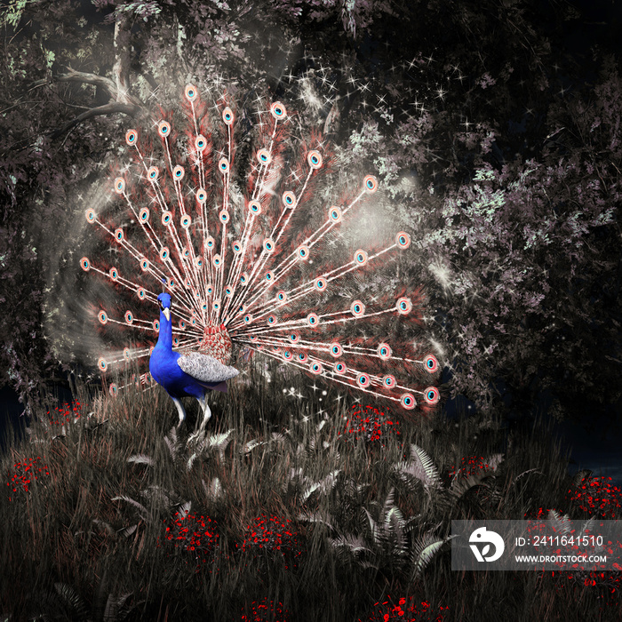 Fairytale peacock among the trees