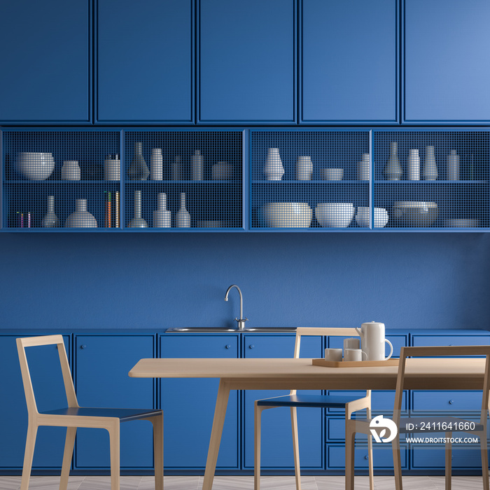 现代宽敞的厨房设计。蓝色橱柜的极简主义厨房设计。3D插图