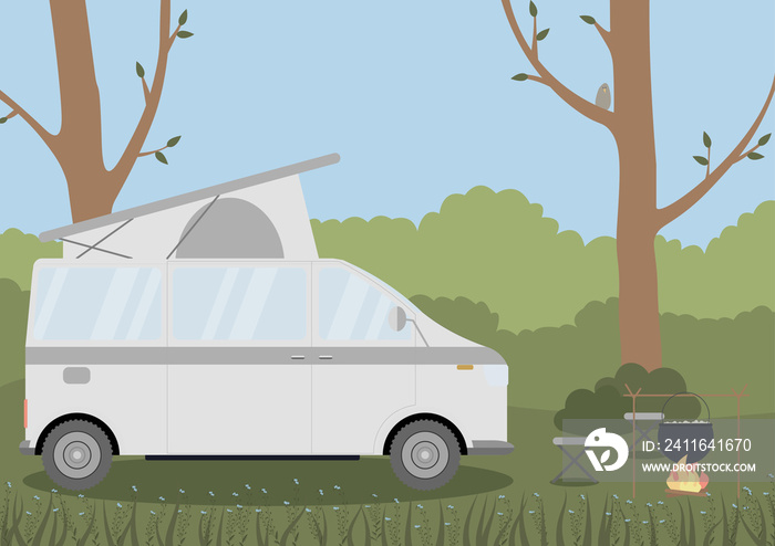 Caravan in a forest. Local camping summer vacation. Concept illustration.