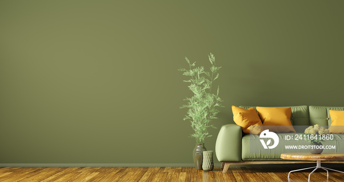带绿色沙发的客厅内部三维渲染图
