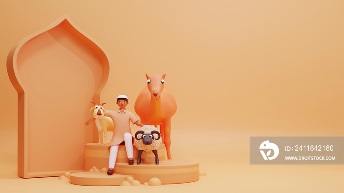 橙色Bac上年轻穆斯林男孩抱着绵羊、山羊、骆驼和清真寺门形状的3D插图