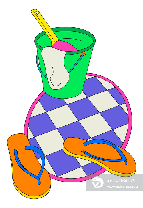 Green bucket bath (pail and dipper), towel, purple checkered oval rug and orange tsinelas (flip-flop