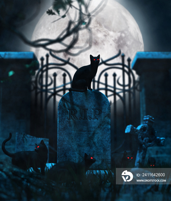 Black cats in cemetery,Conceptual background for halloween,3d illustration.