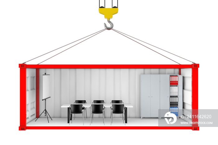 Red Cargo Shipping Container with Removed Side Wall Converted into an Office During Transportation w