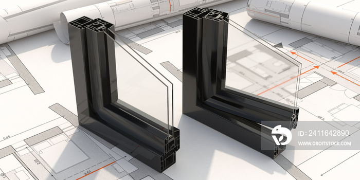 PVC aluminum window frame with two glasses on drawing background. 3D illustration