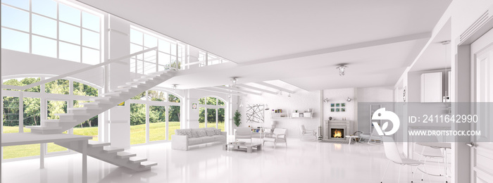 Interior of white living room panorama 3d rendering