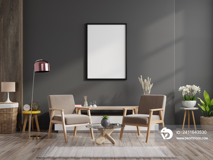 Poster mockup with vertical frames on empty dark wall in living room interior with velvet armchair.