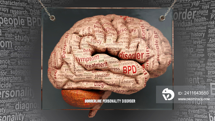 Borderline personality disorder anatomy - its causes and effects projected on a human brain revealin