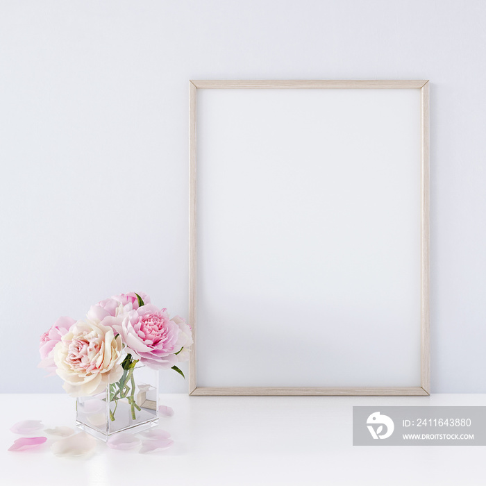 Interior poster mock up with vertical wooden frame and flowers in vase on white wall background 3D r