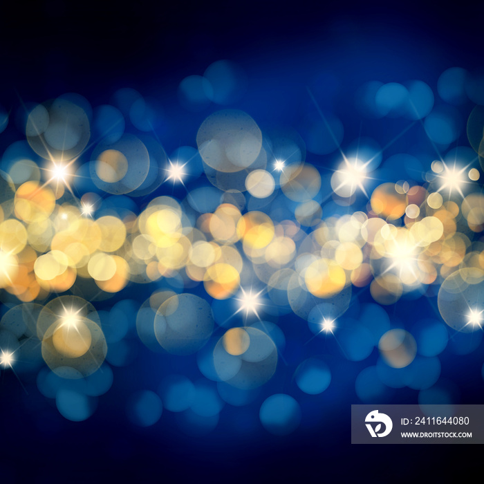 Blue and gold Christmas background with bokeh lights and stars