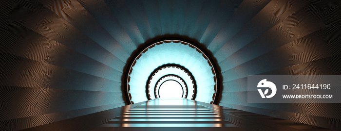 Rendering 3d Illuminated corridor abstract Future Space tunnel.