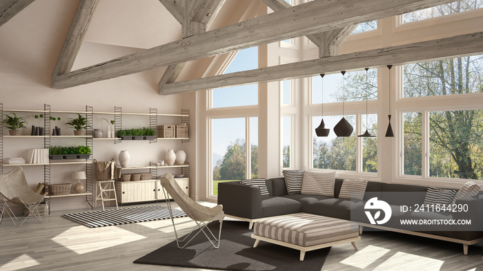 豪华生态屋客厅，镶木地板和木制屋架，夏季全景窗