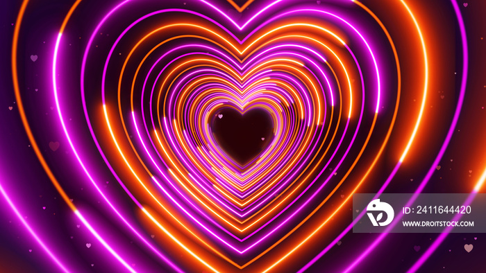 抽象浪漫甜美紫橙心形线条霓虹灯隧道，闪烁的心形颗粒