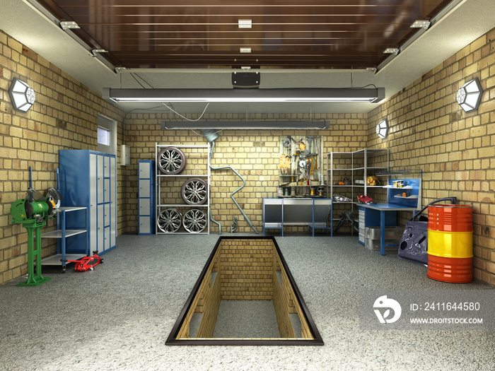 Front View of a Garage 3D Interior with Opened Roller Door 3D Rendering