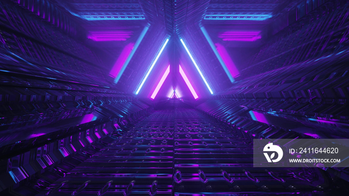 3D rendering of an abstract futuristic space with glowing colorful neon lights