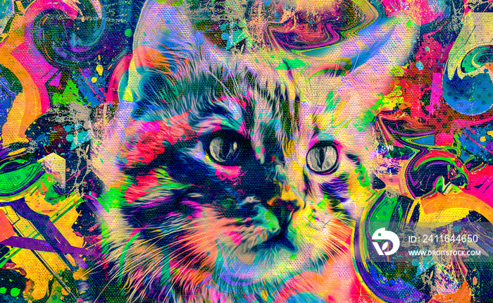 cat head with creative colorful abstract elements on light background