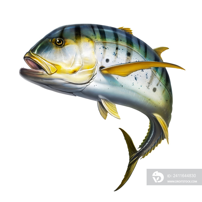 金杰克鱼焦糖条纹（太平洋杰克）插图现实主义艺术隔离。