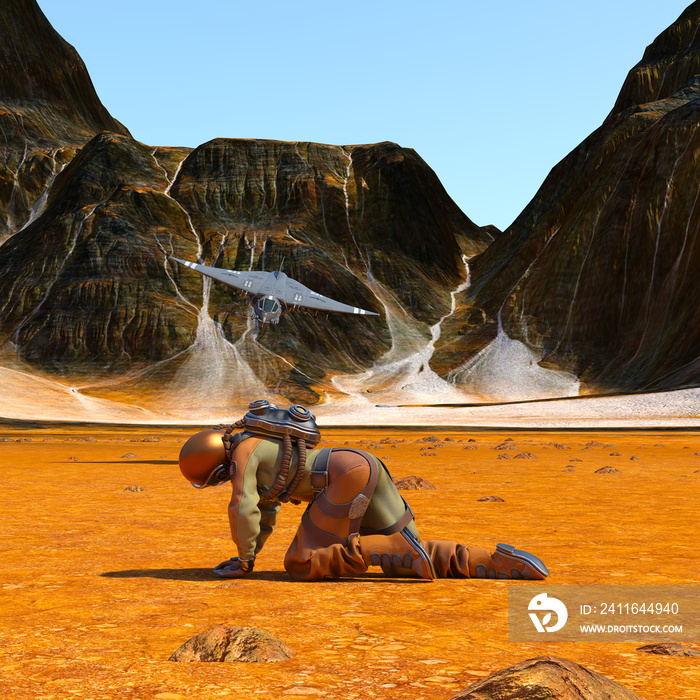 Illustration of a female astronaut crawling across a desert on an alien world with a spacecraft flyi