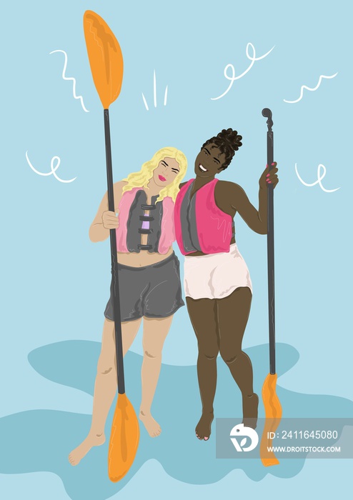 Two girls wearing life jackets and holding paddles