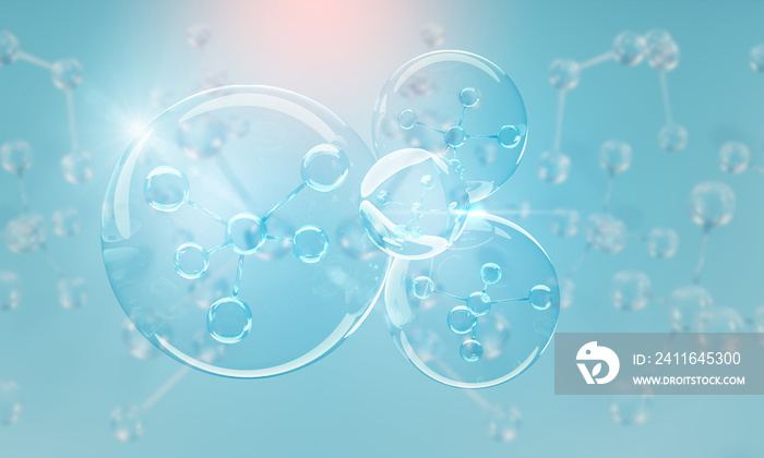 Molecule inside Liquid Bubble. skin care cosmetics, 3d illustration