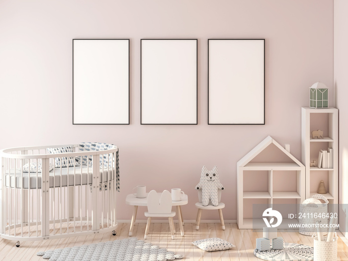 带椭圆形婴儿床的儿童房三柱框架模型三维渲染