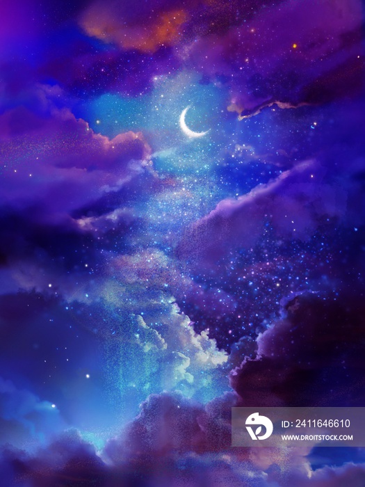 Background of crescent moon and cloudscape in dreamy night sky