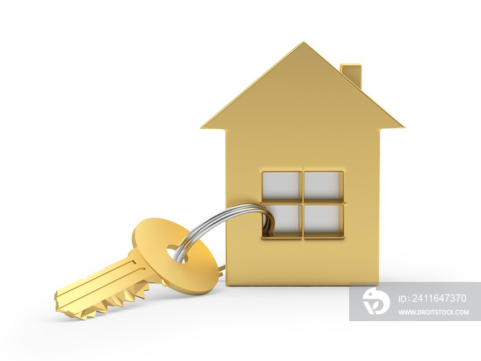 Gold key with gold house icon isolated on white. 3d illustration