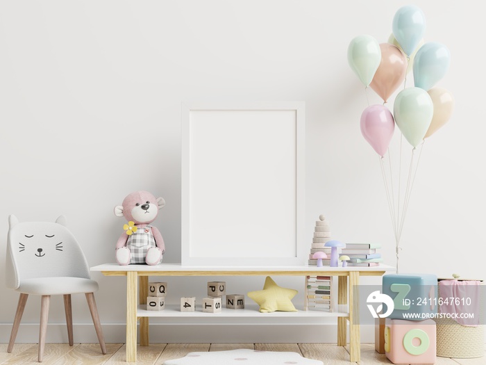 Mock up posters in child room interior, posters on empty white wall background.