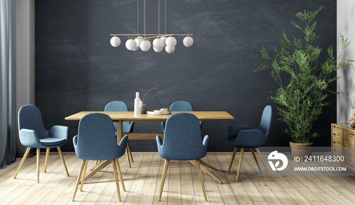 现代餐厅、木制桌子和蓝色椅子的室内设计3d渲染