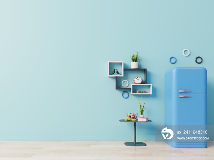 厨房地板上的冰箱，蓝色墙壁背景，带桌子、架子和设备，三维渲染