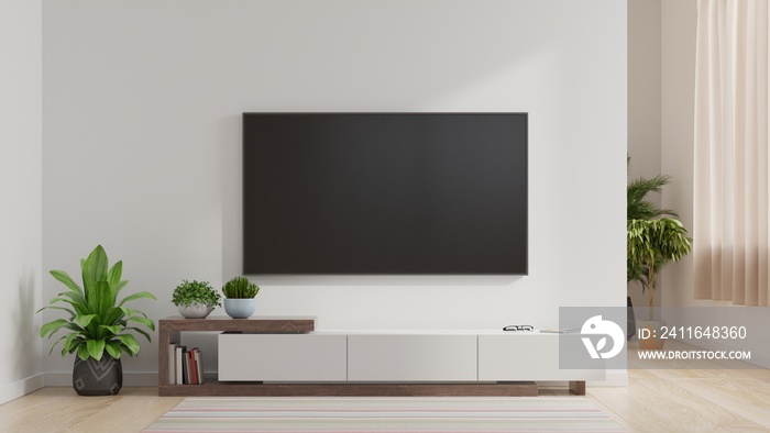 客厅白墙上的LED电视，简约设计。