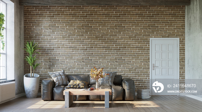 Leather sofa on brick wall background, living room wiht grungy walls in loft industrial style, 3d re