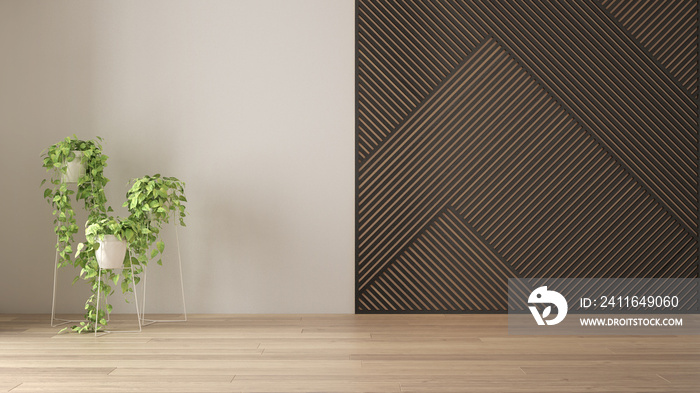 Empty room with wooden panel and potted plant, parquet floor. White wall background with copy space.