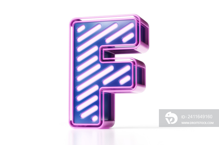 3D科幻字体。明亮的未来风格字母F，紫色和蓝色。高质量的3D渲染。
