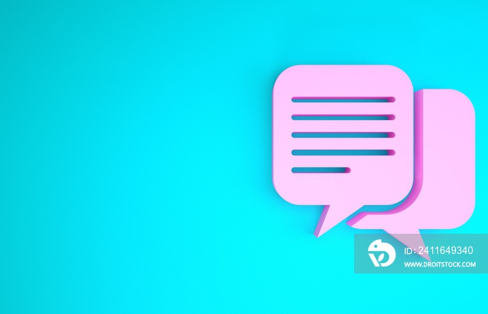 Pink Chat icon isolated on blue background. Speech bubbles symbol. Minimalism concept. 3d illustrati