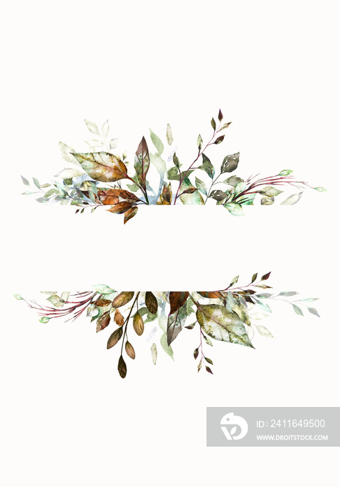 苍白的秋叶-植物设计横幅。花卉粉彩水彩边框。