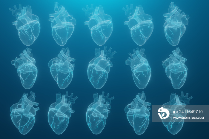 3D wireframe hearts render isolated white backgrounds, Abstract Heart icon form lines and triangles,