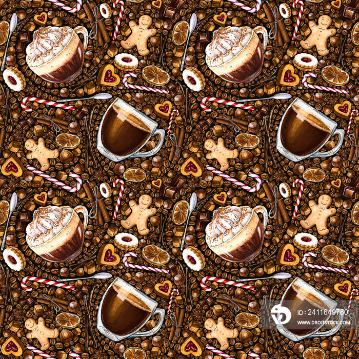 Seamless pattern with different coffee drinks and sweets on dark background. Illustration of espress