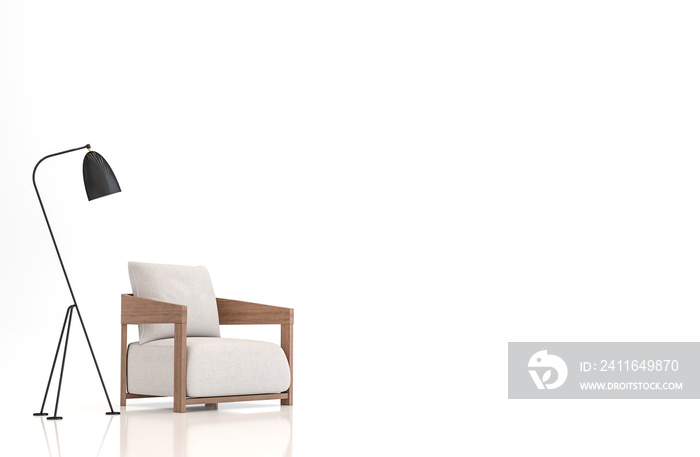 白色背景上的白色织物扶手椅三维渲染图像。扶手椅上有裁剪路径