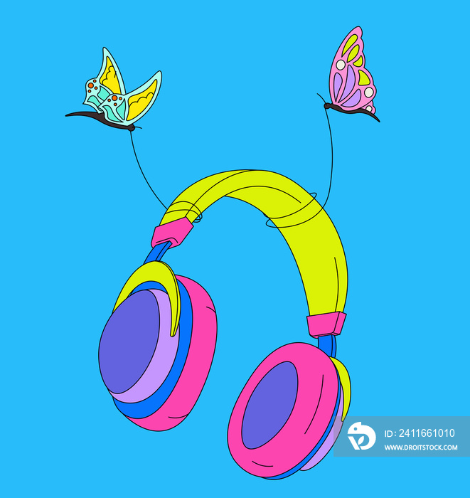 Butterflies holding headphones in the sky