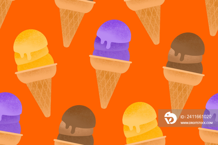 Filipino sorbetes cheese, chocolate, and ube cones illustrated pattern on orange background