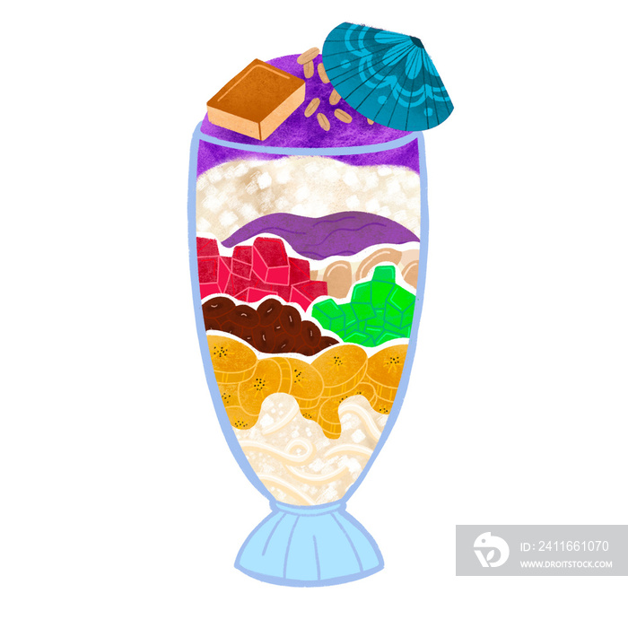 Filipino halo-halo with teal paper parasol in tall glass