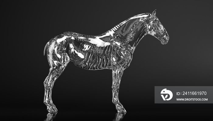 Transparent crystal fantasy horse with visible skeleton, 3d rendering, 3d illustration