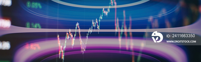 Technical price graph and indicator, red and green candlestick chart on blue theme screen, market vo