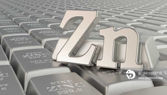 Zinc ingots background with Zn symbol. 3D rendering