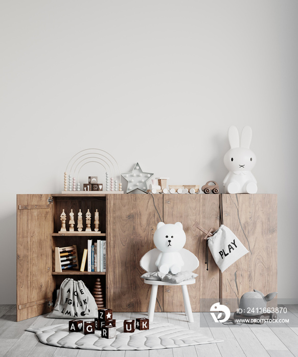 Interior background mock up in children room with natural wooden furniture, 3d illustration, 3d rend