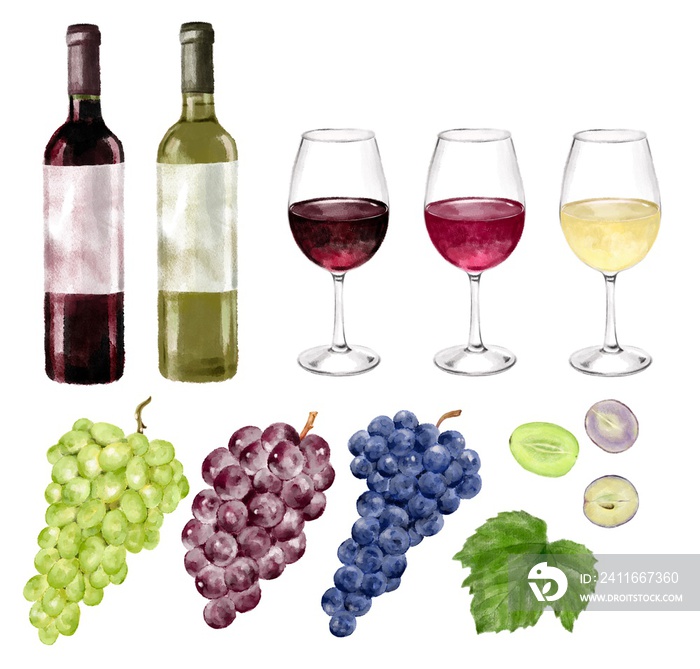 葡萄とワインのセット　水彩風イラスト