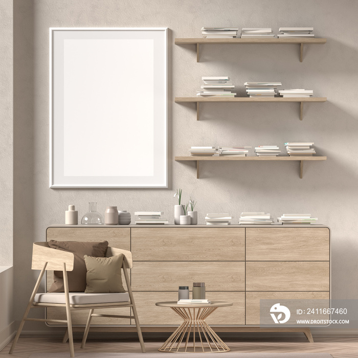 Mock up poster frame in Scandinavian style interior with wooden furnitures. Minimalist interior desi