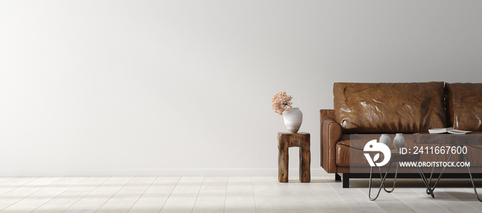 Wall mock up in Scandi-boho home interior with retro brown leather furniture, 3d render